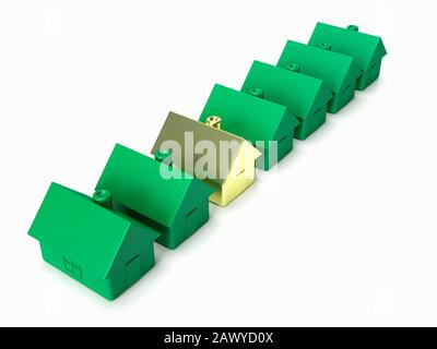 Goldenes Haus in einer Reihe von Häusern, Konzept des Hauspreises Stockfoto