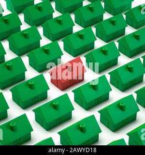 Rotes Haus unter vielen Häusern, Wohnungskrise oder überfülltes Konzept Stockfoto
