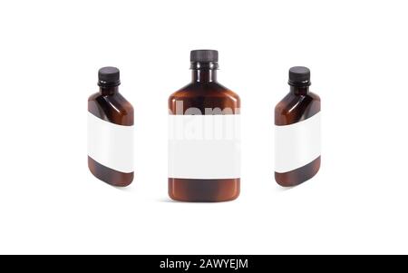 Leere braune Plastikflasche mit weißem Etikett Mockup, Vorderseite Stockfoto