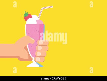 Vector Flat Illustrationen Hand Hält ein Glas mit einem Milchshake und einer Schlagsahne Stock Vektor