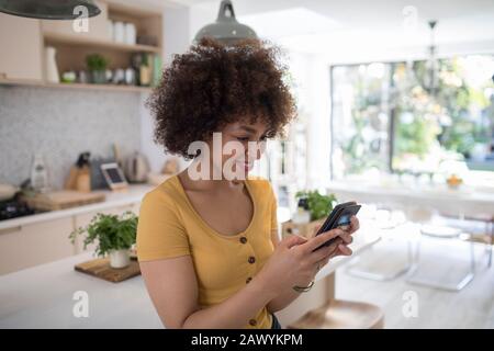 Lächelnde junge Frau mit Smartphone in der Küche Stockfoto