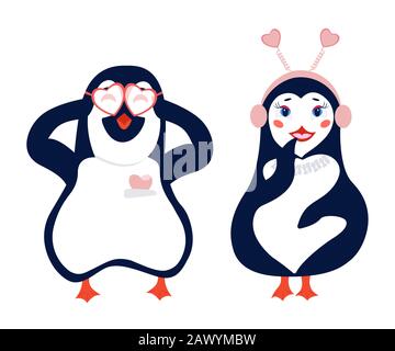 Vector Illustration.Penguins verliebt.EIN Cartoon-Paar von Pinguinen ein Junge und ein Mädchen stehen und lächeln, ein Herz steckt in einer Tasche.Niedlich Stock Vektor