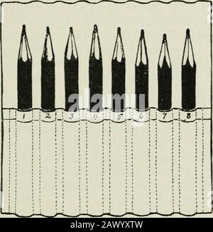 Kunst. ST. Holzkohle für Schulzwecke ist sehr preiswert. Es kommt in Boxesvon fünfzig Stöcken, die in zwei gebrochen werden können: Von vier bis sechs Zoll ist ein kon-venient l.srth für Tlügenschüler zu handhaben. Holzkohle sollte er locker unter der Hand über die Mitte des Stocks oder weiter hinten legen. Es sollte nicht für die allgemeine Arbeit verstärkt werden. DRAWINO PENC1L&gt;S 21 Der reguläre Zeichenstift sollte ziemlich weich sein, nicht härter als 1&gt; norviel weicher als B B. Der Lehrer sollte einen Bleistift testen, bevor er es den Schülern empfiehlt. Ein fester Bleistiftstrich, der zu hart ist, erzeugt keinen Amarksuff Stockfoto