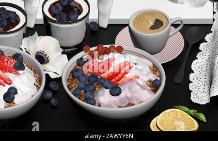 3D Rendering von Kaffee und Desserts Konzept Stockfoto