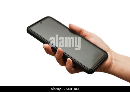Frau Hand hält ein modernes Smartphone mit leerem Bildschirm, isoliert Stockfoto