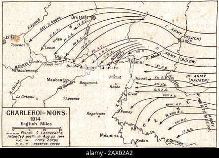 WWI - Ein alter Plan der Schlacht von Charleroi (Charleroi - Mons) - 23. August 1914 zwischen Armeen Großbritanniens, Frankreichs und Deutschlands Stockfoto