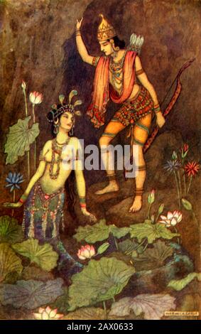 "Arjuna and the River Nymph", 1913. Arjuna befreit die apsara, oder göttliche Nymphe vom Fluch eines Salbeis, um als Krokodil zu leben. Von "Indian Myth and Legend", von Donald A. Mackenzie. [The Gresham Publishing Company Limited, London, 1913] Stockfoto