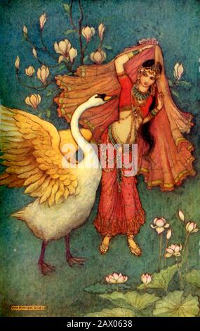 'Damayanti und der Schwan', 1913. Damayanti, Fürstin des Königreichs Vidarbha, verliebte sich in Nala, nachdem er von einem goldenen Schwan von seinen Tugenden erfahren hatte. Von "Indian Myth and Legend", von Donald A. Mackenzie. [The Gresham Publishing Company Limited, London, 1913] Stockfoto