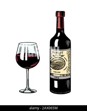 Glas Rotwein und Glasflasche Stillleben. Alkoholisches Getränk oder Sekt. Handgezeichnete, gravierte Vintage-Skizze für Bar, Restaurantmenü. Stock Vektor