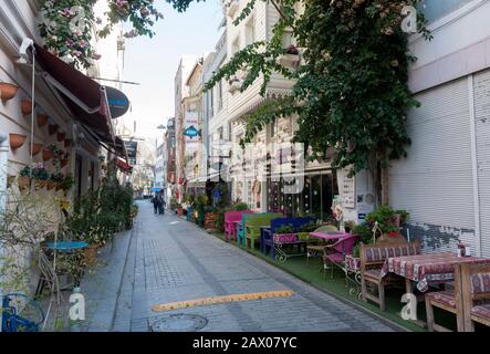 Bougainvillea wächst in Taya Hatun Sokak, Istanbul, Türkei, an der Wand des Romantischen Herrenhauses und Cafés auf Stockfoto