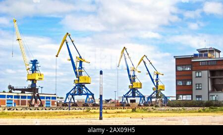 Bunte Kräne im Hafen der Hansestadt Wismar Stockfoto