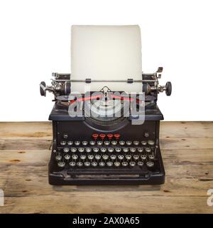 Alte holländische Schreibmaschine auf einem alten Holzboden isoliert auf weiß Stockfoto