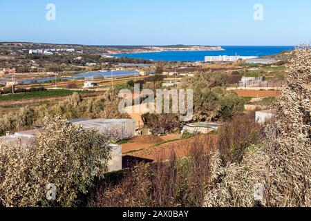 Ländliche Landschaft der maltesischen Insel mit trockener Vegetation, Ackerfeldern, gepflügtem Land und blauem Wasser der mediterranen Meeresbucht im Hintergrund, Malta Stockfoto