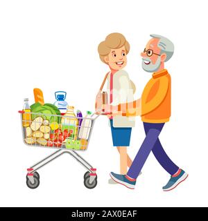 Gute alte Leute einkaufen. Rentner Paar mit Einkaufswagen mit Lebensmitteln im Supermarkt. Älterer Mann und Frau im Lebensmittelgeschäft. Auf weiß isolieren Stock Vektor