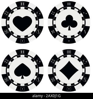 Schwarz-weiße Poker-Chips mit Karten passend zu Herzen, Spaten, Diamanten, Clubs. Stock Vektor