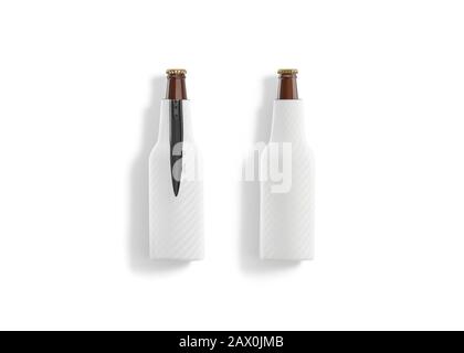 Blank weiß zusammenklappbare Bierflasche koozie mockup, vorne und hinten Stockfoto