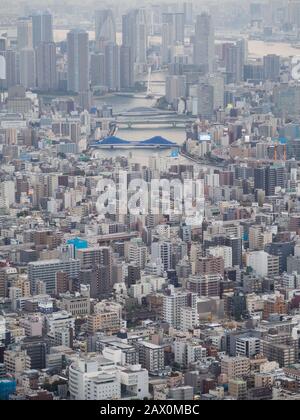 Tokio, Japan - 10. Oktober 2018: Erhöhter Blick auf die Tokioter Metropole und die Skyline der Stadt. Stockfoto