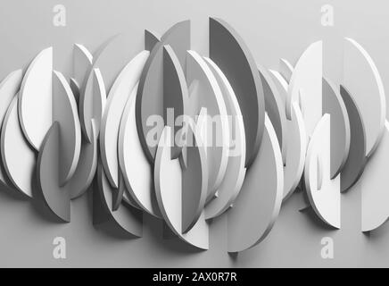 Abstrakter monochromer Hintergrund, Installation mit geometrischen runden Schichten, 3D-Rendering-Abbildung Stockfoto