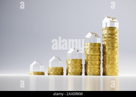 3D-Rendering: Steigende Stapel von Euro-Münzen mit Modellhäusern aus Acrylglas. Nahtloser weißer Hintergrund und Reflexionen. Konzept für extrem Stockfoto