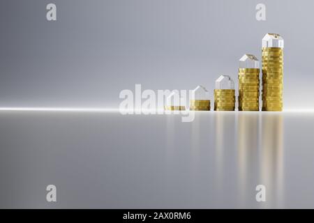 3D-Rendering: Steigende Stapel von Euro-Münzen mit Modellhäusern aus Acrylglas. Nahtloser weißer Hintergrund und Reflexionen. Konzept für extrem Stockfoto