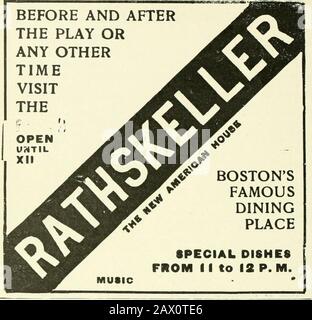 Diese Woche in Boston. VatedStation bei 10 a.m. und 2 P.M. Verlassen Sie Gloucester auf 3 A. NI. Und 2,15 m. Tarif oder jede Richtung. Änderungen vorbehalten. Sonnentag, Boston verlassen, 10,15 m. Gloucester 3.15 P.M. verlassen. Für Providence oder Fall River - ein spezieller Trolleywagen verlässt den PctOffice Square um 3 P.M. Tarif 75c. Tickets und alle anderen Trolleys in der Fluggastabteilung, 0. C. St. Ry. Co. (Sec First Insidecover Page.) Für Marblehead, Salem, Gloucester und Cape Ann. Nehmen Sie die Autos AtBrattle Street Eingang zum Scollay Square, Subway. Tarif 70 Cent. Gesellschaften Reise zum schwimmenden Krankenhaus, 9 a.m. Randidge F. Stockfoto