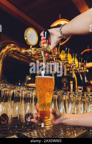 Nahaufnahme eines männlichen Barkeeders, das Fassbier in einem Pub abfüllt, der einen großen Glaskard unter einem Zapfenaufsatz auf einem Edelstahl hält Stockfoto