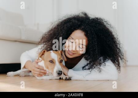 Entspannte afro-Frau mit knackigen dunklen Haaren liegt auf dem Boden, spielt mit süßen Welpen, hat Spaß mit Jack russell Terrier Hund trägt weißen Pullover in Livin Stockfoto