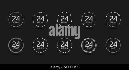 Pfeilsymbole mit 24-Stunden-Anzeige. 24-Stunden-Service täglich, Kurzzeitschilder, Arbeitszeiten, schnelle rechtzeitige Lieferung Stock Vektor
