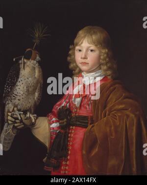 Portrait eines Jungen mit Falcon. Stockfoto