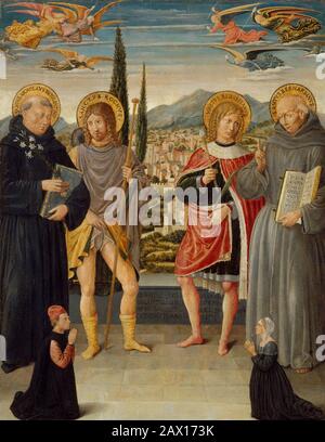 Die Heiligen Nikolaus von Tolentino, Roch, Sebastian und Bernardino von Siena, mit Knienden Spendern, 1481. Stockfoto