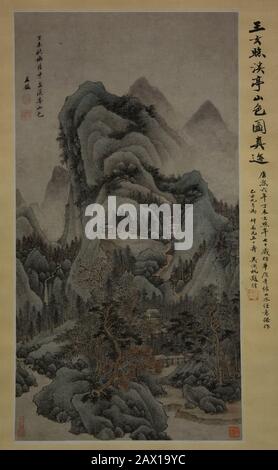 Bergkulisse mit Bächen und Pavillons im Stil von Fan Kuan, 1667. Stockfoto