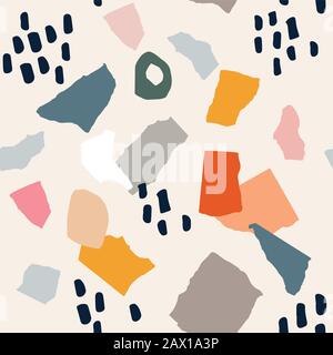 Stücke zerrissenes Papier und Pinselstriche. Nahtloses Muster. Abstrakte ausgeschnittene Vektorformen. Flacher, minimalistischer, farbenfroher Hintergrund. Collage-Elemente Stock Vektor