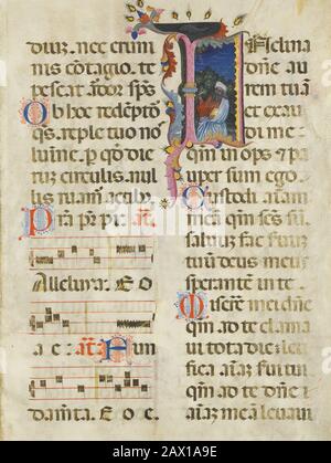 Manuscript Leaf with King David in an Initial I, from a Psalter, Early 15 Century. Stockfoto