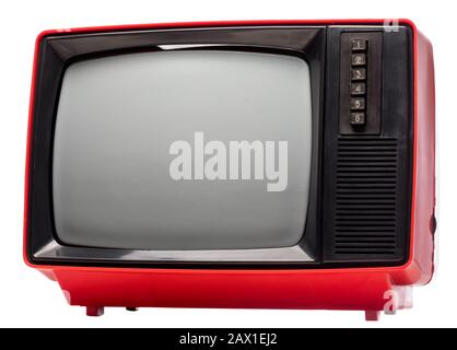 Tragbarer CRT-TV-Receiver aus der UdSSR, rot, isoliert auf weißem Hintergrund. Retro-Technologie-Konzept Stockfoto