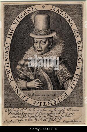 1616, GROSSBRITANNIEN: Pocahontas ( Virginia, 1595 Ca - Gravesend, 21. märz 1617 ) als Frau John Rolfe aus einem Porträtgemälde in London, England, 1616 des Graveurers Simon Van de Passe ( Ca. 1595 - 1647 ). Pocahontas (geborene Matoaka, später bekannt als Rebecca Rolfe, c 1595 - März 1617) war eine Virginia-Inderin. In einer historischen Anekdote soll sie einem Inder, dem Engländer John Smith, das Leben gerettet haben. 1607 legte sie ihren Kopf auf sich, als ihr Vater seinen Kriegsverein aufzog, um ihn hinauszuführen.- POCAHONTAS - Prinzessin Powhatani - Epopea del Selvaggio WEST - GEBORENE AM Stockfoto
