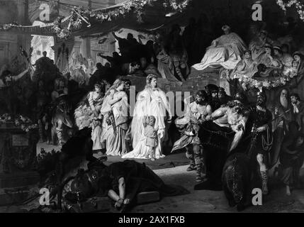 Thusnelda beim Triumphzug des Germanikus nach Rom, ca. 1875. Germanische Adligen, die von dem römischen General Germanikus während seiner Invasion in Germanien gefangen genommen wurden. Stockfoto