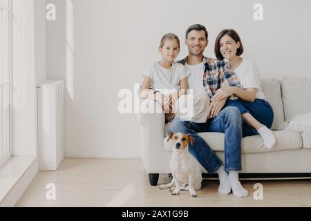 Die horizontale Ansicht von drei freundlichen Familienmitgliedern und kleinen Stammhunden ist an der Kamera angebracht, um unvergessliche Fotos zu machen. Dauther verbringt freie Zeit mit Stockfoto