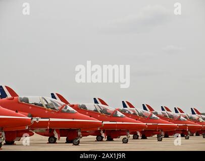 Malta - 30. SEPTEMBER 2008 - Malta International Airshow - RAF Red Arrows Kunstflugteam Harriers ausgestellt Stockfoto