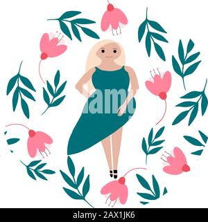 Vektorgrafiken mit einem blonden Mädchen im grünen Kleid in einem handgezeichneten Rahmen mit Blumen und Blättern in den Farben Mentol und Pink. Stock Vektor