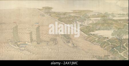 Die "Southern Inspection Tour" des Qianlong Emperors, Scroll Four: The Confluence of the Huai and Yellow Rivers (Qianlong nanxun, juan si: Huang Huai jiaoliu), die auf das Jahr 1770 zurückgeht. Stockfoto