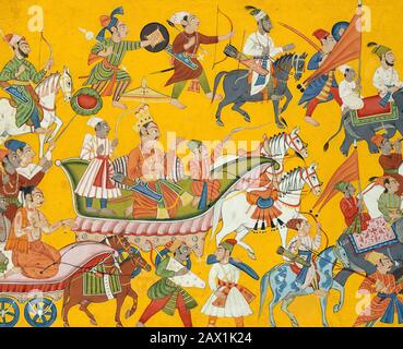 König Dasaratha und Seine Retinue Gehen Zu Ramas Hochzeit: Folio aus der Shangri Ramayana Serie (Stil II), Ca. 1690-1710. Stockfoto