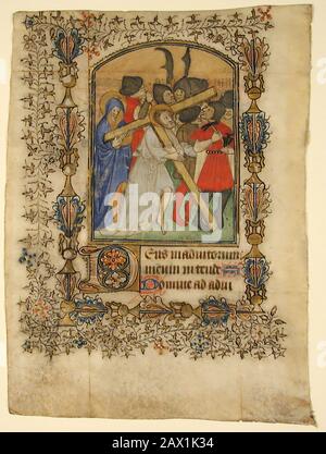 Handschriftenblatt aus einem Stundenbuch, Das Ein Beleuchtetes Erstes D und Christus Mit dem Kreuz zeigt, 1390-1400. Stockfoto