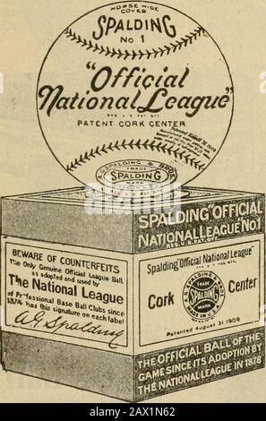 Spaldings offizielle College-Base-Ball jährl. HANDELSMARKE Trrf SpaldingOfficial National LeagueBail Patent Cork Center. Von der Nationalliga 1878 verabschiedet, ist der seit dieser Zeit in Championspielen verwendete Onlyball und wurde nun für zwei Jahre mehr angenommen, was eine totale Annahme von vierundfünfzig Jahren bedeutet. Stockfoto