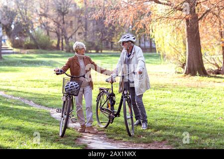 Alte Frau und Mann im Park mit Fahrrädern Stockfoto