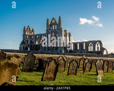 Grabsteine auf dem Friedhof der St Marys Church mit Whitby Abbey im Hintergrund, Whitby, Großbritannien. Stockfoto