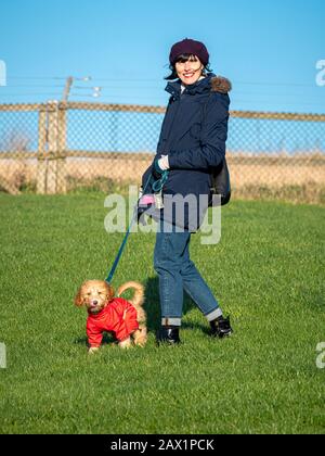 Frau mit Kakapfuh-Welpe beim Lead-Walking Stockfoto