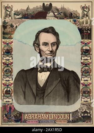 1865, USA: Der Präsident der USA, ABRAHAM LINCOLN (* 1809; † 1865) . Gravur . - Presidente della Repubblica - Stati Uniti - USA - Ritratto - Porträt - Cravatta - Krawatte - papillon - Kragen - Colletto - Bart - Barba - Abramo --- Archivio GBB Stockfoto