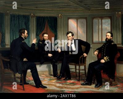 Der 16. Präsident der USA, ABRAHAM LINCOLN (* 1809; † 1865). "Die Friedensstifter", gemalt im Jahre 1868 von George Peter Alexander Healy (18-1894). Dargestellt mit Lincoln, dem General Sherman, Grant und Porter an Bord der River Queen am 27. März und 28. März 1865. - Presidente della Repubblica - Stati Uniti - USA - Ritratto - Porträt - Cravatta - Krawatte - papillon - Kragen - Colletto - Abramo --- Archivio GBB Stockfoto