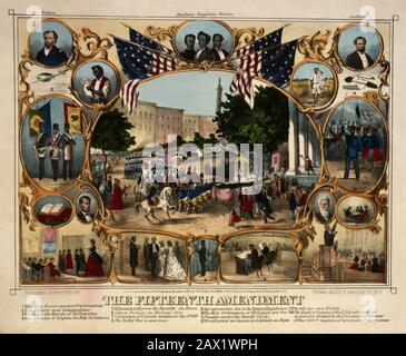 1870, USA: "The Fifteenth Amendment, Celebrated May 19 1870" von Thomas Kelly (* 1871; † 1874). Die Emanzipation der Sklaven, die am 22. September von dem Präsidenten der Vereinigten Staaten, ABRAHAM LINCOLN (* 1809; † 1865), verkündet wurde. Gravur von J. Waeshle (* um 1862)- Presidente della Repubblica - Stati Uniti - USA - Ritratto - Portrait - Abramo - EMANCIPAZIONE DEGLI SCHIAVI - Slaves - schiavitù - schiavismo - JOHN BROWN - Ulysses Grant --- Archivio GBB Stockfoto