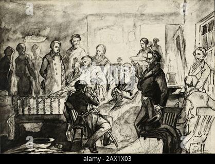 1865, USA: Zeichnung der Todesszene von Präsident Abraham Lincoln, mit einem Mann, der Lincoln hält, Kunstwerk von Hermann FABER (* zwischen 1.820 und 1913). Der Präsident der USA, ABRAHAM LINCOLN (* 1809; † 1865). Eine von zwei Zeichnungen, die er 1865 am Sterbebett anfertigte. Während des Bürgerkrieges diente er als Künstler im Stab Der Armee der Chirurgen und illustrierte die Krankenakten des Krieges. Fabers Militärposition ermöglichte es ihm auch, zwei Zeichnungen von Lincoln's Todesstattszene anzufertigen, bevor der Raum geräumt wurde. - Presidente della Repubblica - Stati Uniti - USA - Ratto - Porträt - Abramo -- Stockfoto